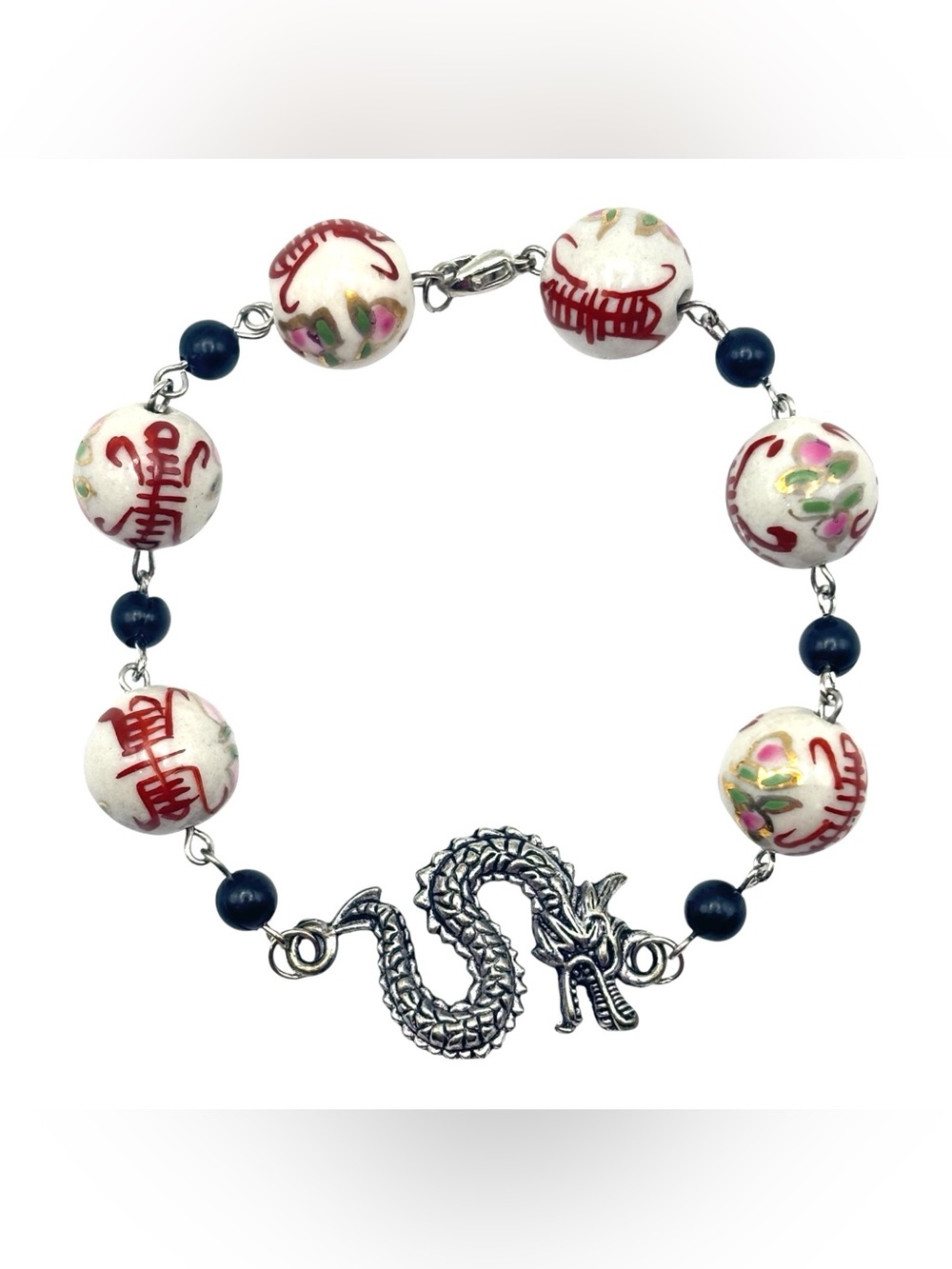 Asian Influenced‎ Painted Porcelain Bead Metal Dragon Charm Bracelet